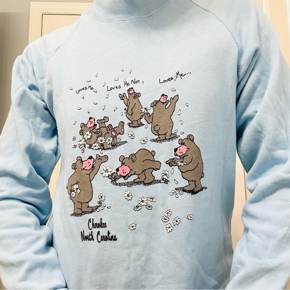 Vintage Sweatshirt Long Sleeve Crew Neck Pastel Blue Bear Graphic Kawaii Small - Picture 2 of 8